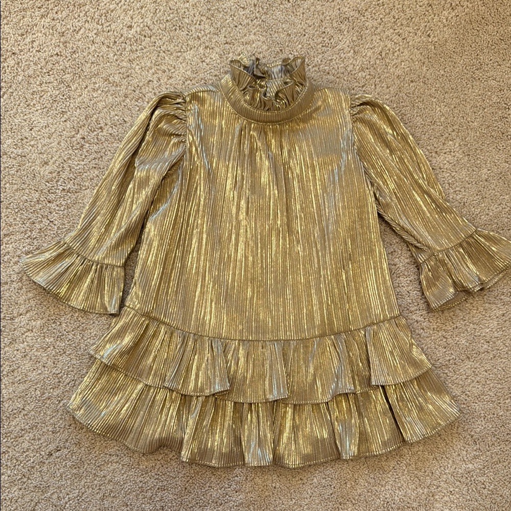 Janie and Jack Shiny Gold Ruffled Plisse Dress with Bell Sleeves